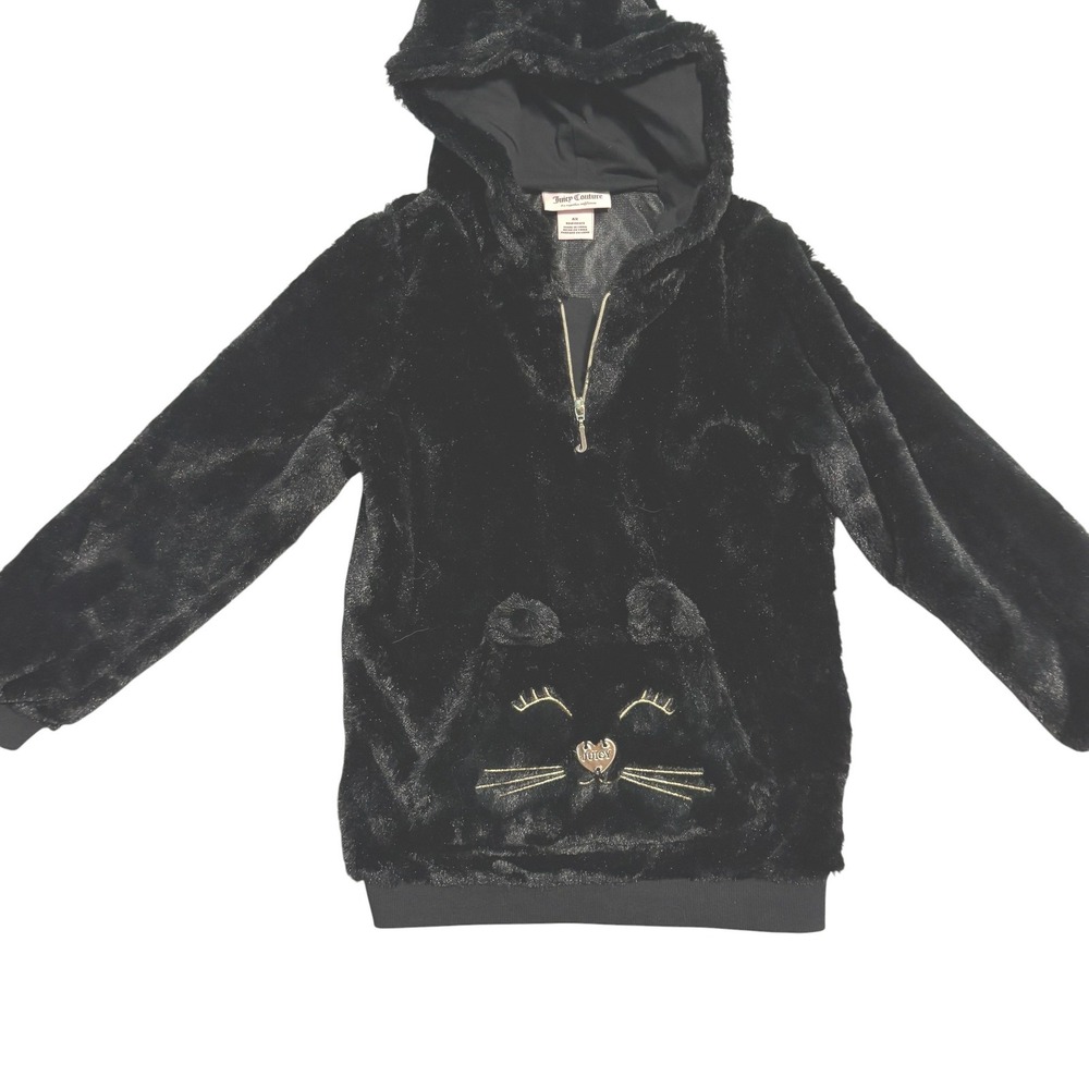 Juicy Couture Faux Fur Hoodie Girls 6X Black‎ Cat Face Quarter Zip Pullover Logo